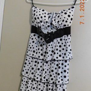 French Atmosphere Black/White Dotted Strapless Dress S Layered Front Faux Belt